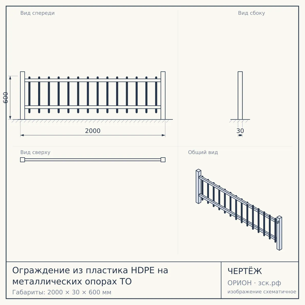Ограждение из пластика HDPE на металлических опорах ТО — чертёж