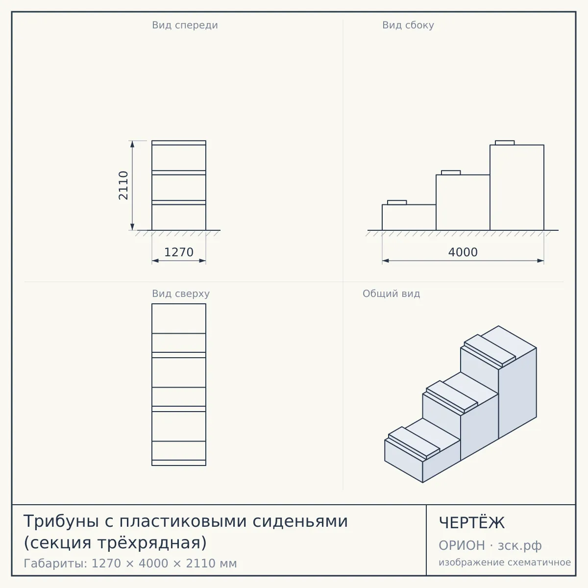 Трибуны с пластиковыми сиденьями (секция трёхрядная) — чертёж